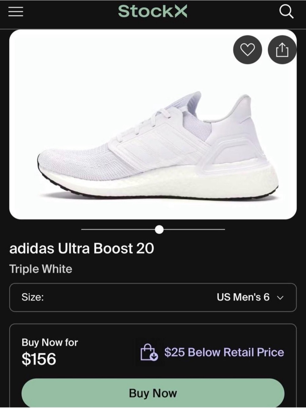 Adidas Ultra Boost 20 Triple White sneakers
Size 6.5